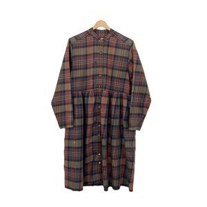 Eddie Bauer Plaid Collarless Button Up Dress - Olive, Rust, Navy, Maroon
